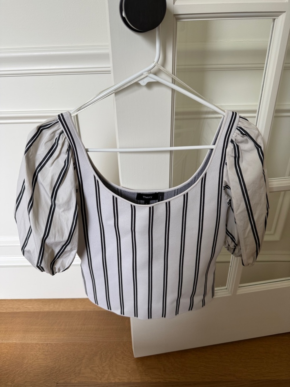 Theory White and Black Vertical-Strip Puff-Sleeve Crop Top